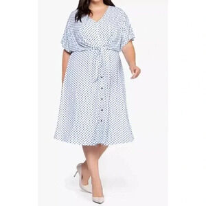 DEX Plus Midi‎ 3XL Lauren Dress Baby Blue Polka Dot Tie Front Jersey Lined NWT